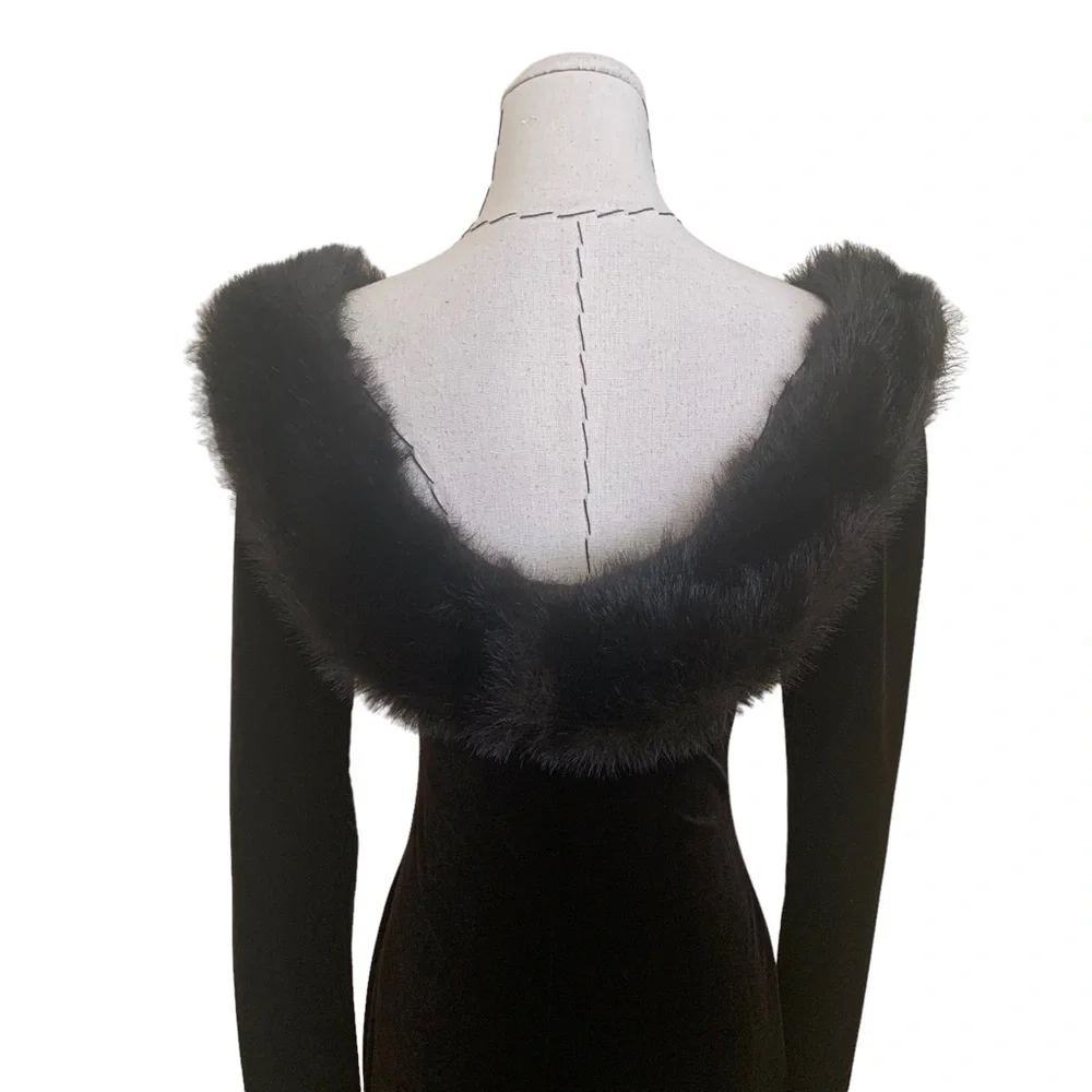Vintage 90s Chocolate Brown Stretch Velvet Faux Fur Collar Maxi Dress Small - Picture 6 of 12